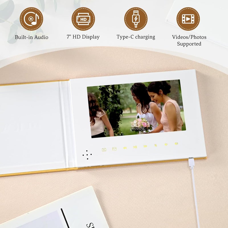 JTRF EclatView “MEMORIES” Video Greeting Book – Linen Hardcover with Gold Foil Lettering, 7-Inch HD Display, 4 GB Storage, Rechargeable Photo & Video Album Gift for Weddings, Anniversaries, Mother’s Day - Image 4